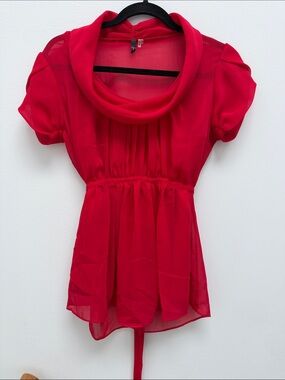 Tahari Red Cowl-Neck Short Sleeve Blouse